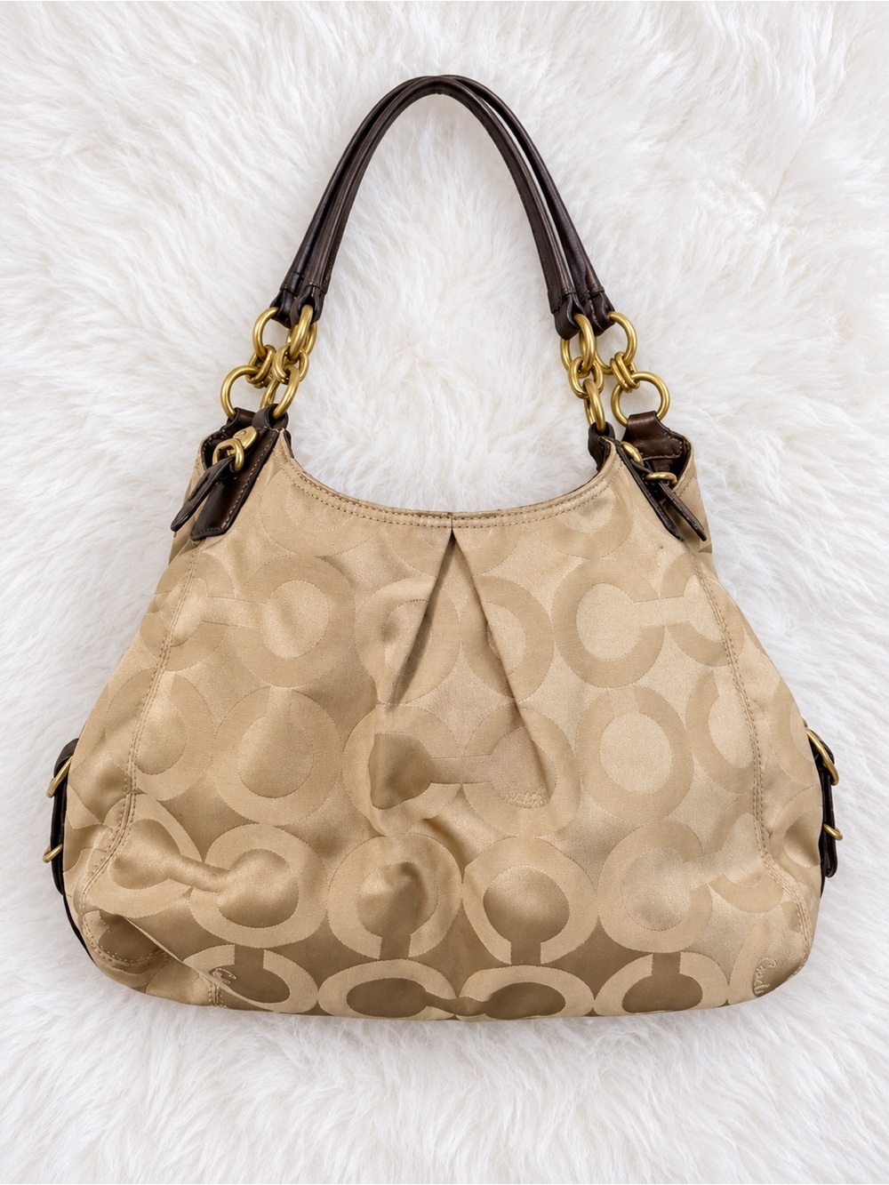 COACH 15757 BRONZE LEATHER KHAKI TAN SATEEN MADISON OP ART MAGGIE BAG